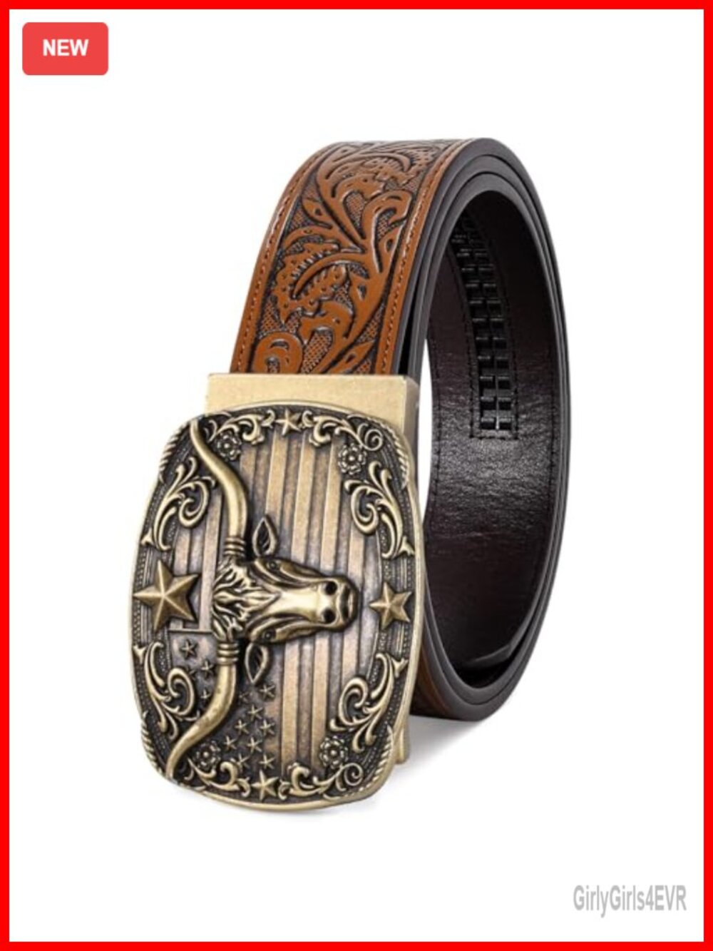 Western Cowboy Ratchet Belt Leather Leaf Embossing Adjustable